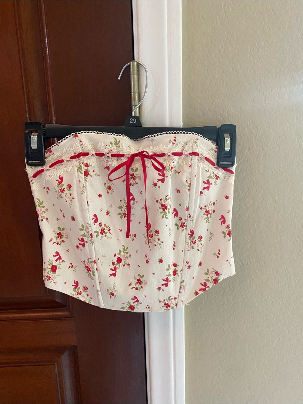 Beverly and Beck Strapless Floral Corset Top with Red Ribbon